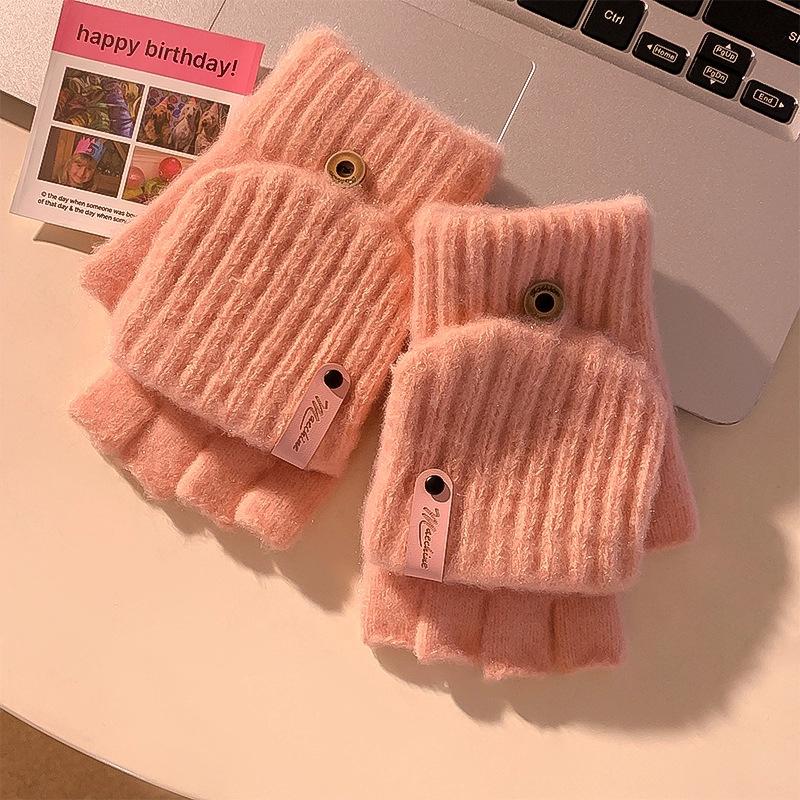 Plush Flip Gloves Female Dew Half Finger Student Writing Warm Thickened Autumn and Winter Knitted Cold Riding Can Touch Screen