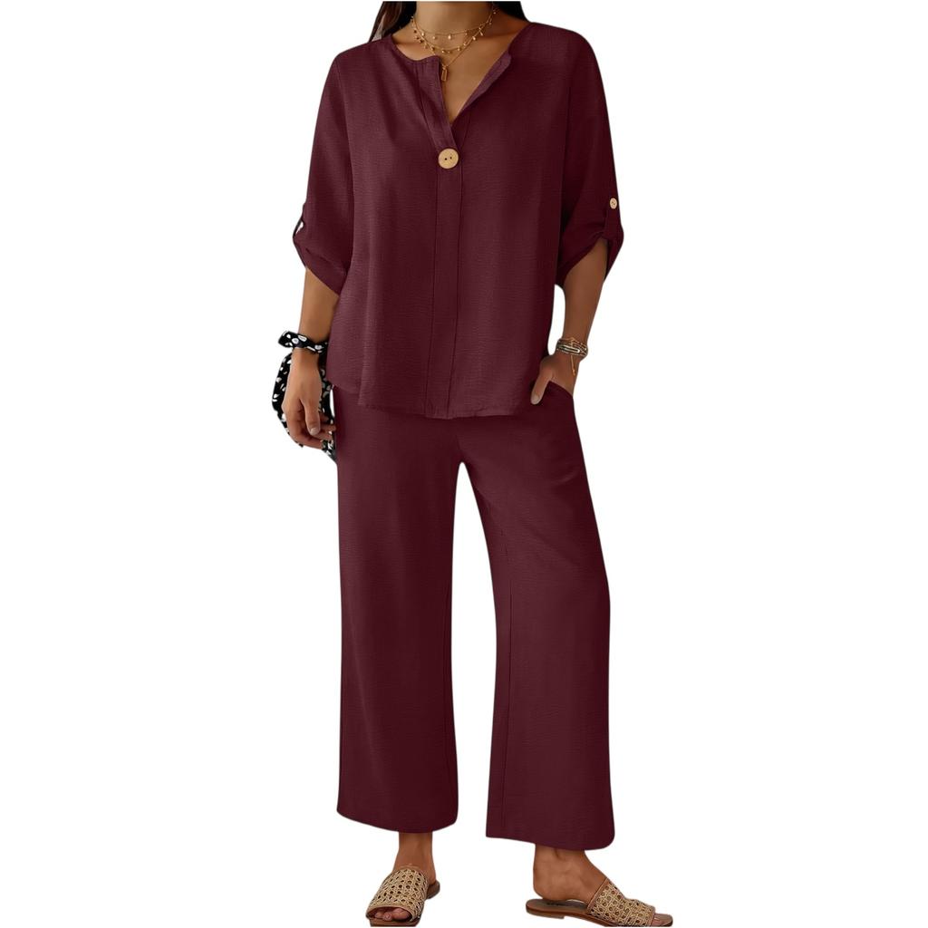 Women Two Piece Set Long Sleeve Loose Fit Blouse and Wide Leg Pants Casual Lightweight Outfit for Daily Wear
