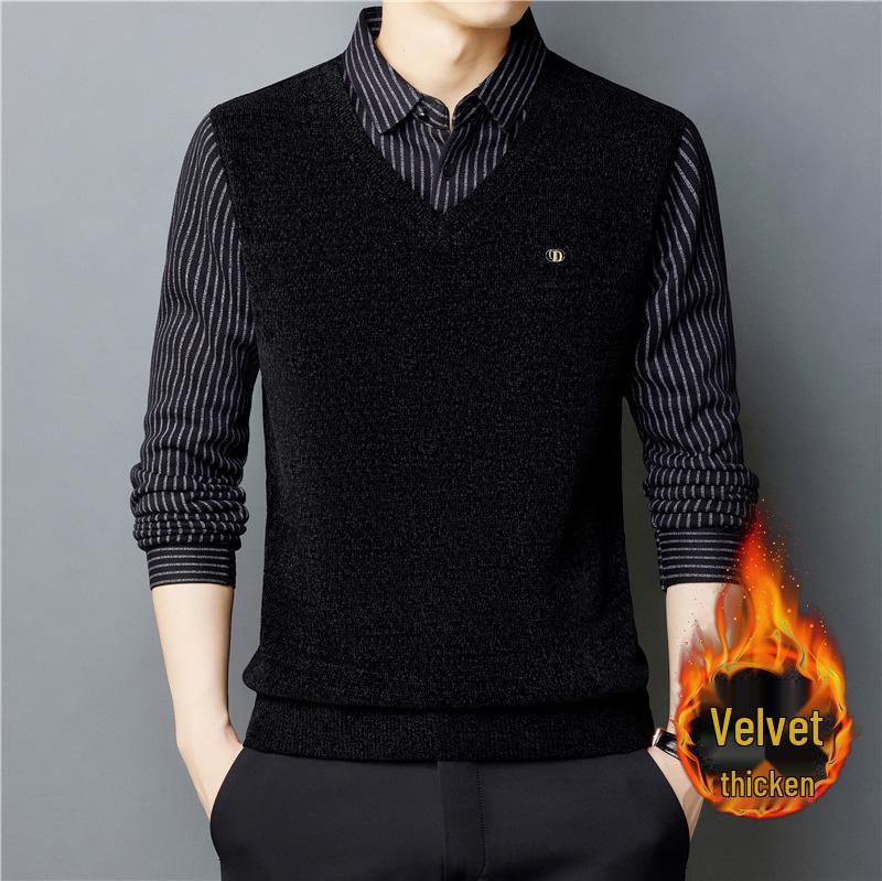 

Men s Winter Knit Shirt Collar Sweater, Plus Velvet, Thickened Warm Casual Top for Dad Style. L