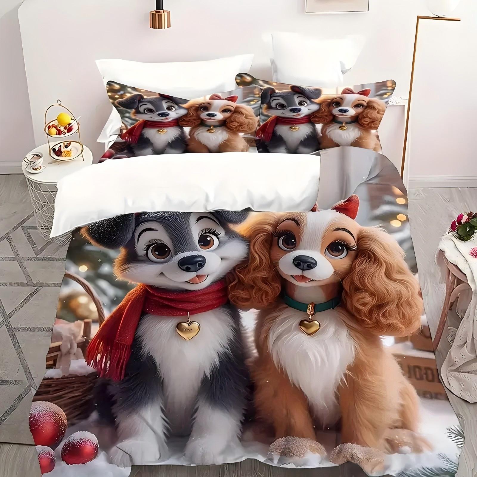

Рождественский узор с собаками 3D-печать Комплект пододеяльника Мультяшный милый щенок Постельное белье Мягкий удобный роскошный пододеяльник Наволочка 135x200cm 2pcs