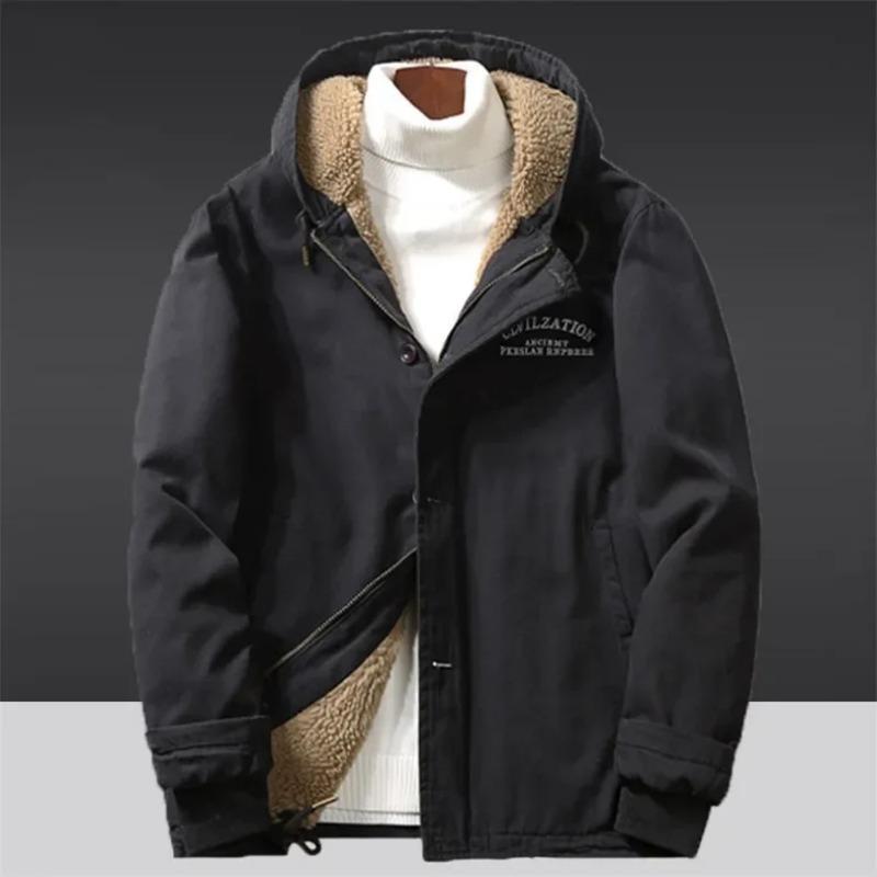 Men's Lamb Wool Retro Workwear Hooded Fleece-lined and Thickened Cotton-padded Jacket Coat in Autumn and Winter 2025.
