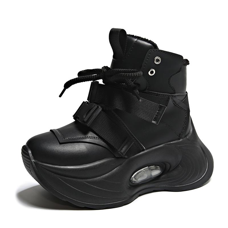 Fashion Chunky Platform Sneakers for Women 2024 New Winter Warm Fur Lace Up Vulcanized Shoes Woman 9.5CM High Heels Sports Leather Shoes