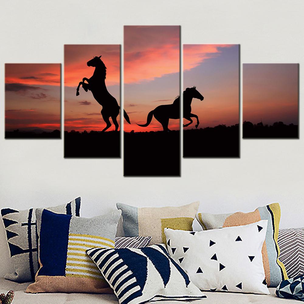 Pferde Silhouette Sonnenuntergang Wandkunst Leinwand Set Tierbilder für Innenraum Modulare Schlafzimmerdekoration Moderne Ästhetische Raumdekoration