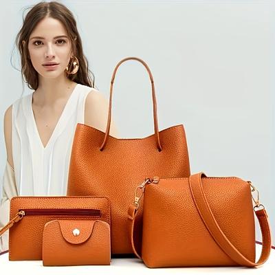 4pcs/set Elegant Handbag Set, Solid Color, Lychee Texture, Multi-functional Fashion Tote Bag, Wallet and Shoulder Crossbody Bag, Magnet Closure
