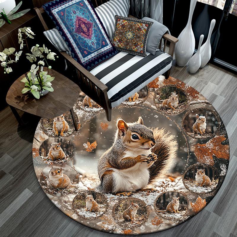 Squirrel Round Area Rug,Carpet Rug for Living Room Bedroom Sofa Playroom Decor,Non-slip Floor Mat