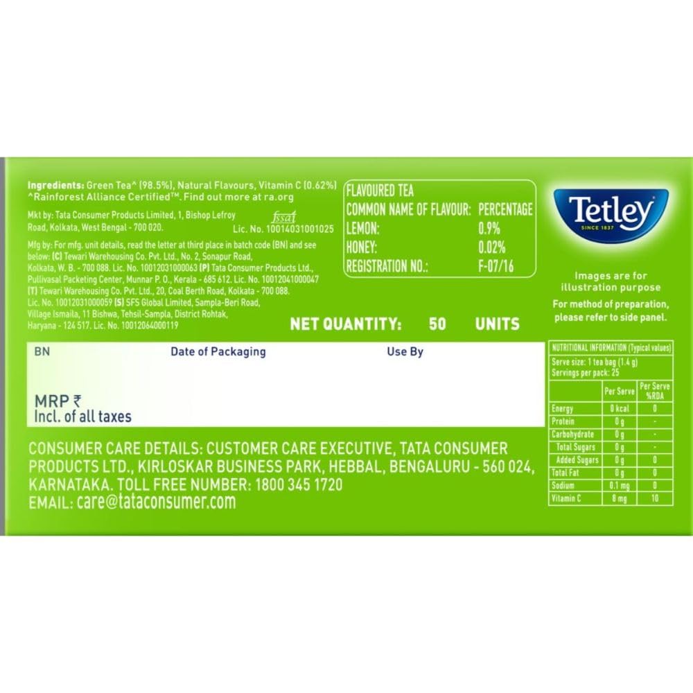 Tetley Lemon & Honey Green Tea Immune with Vitamin C 50 Tea Bags 1.4g Each, Antioxidant-Rich Refreshing Brew