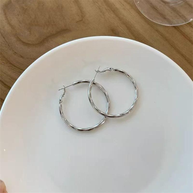 Minimalist Silver Double Layer Large Earrings Women's Summer Versatile Square and Round Face Plain Hoop Earrings