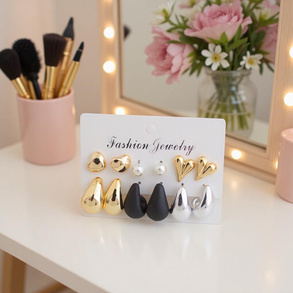 European & American Heart-Shaped Retro Earrings Set - 6 Pairs with High-End, Exaggerated Style