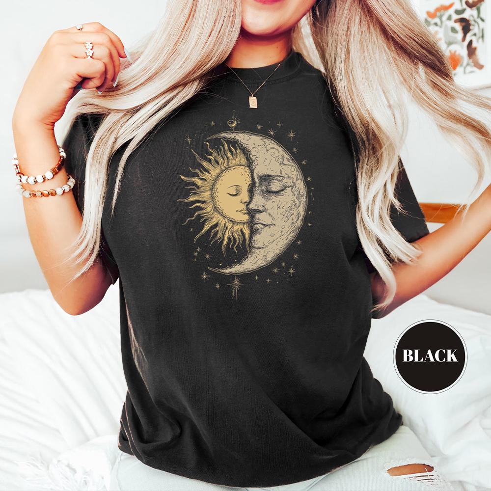 Mystical Sun and Moon Face Comfort Unisex TShirt Chic Vintage Bohemian Attire Apparel Short Sleeve Trendy Y2K Casual Streetwear