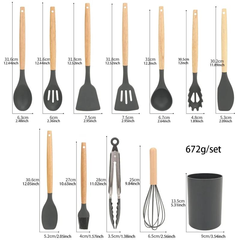 12PCS Silicone Kitchenware Non-Stick Cookware Kitchen Utensils Set Spatula Shovel Egg Beaters Wooden Handle Cooking Tool Set