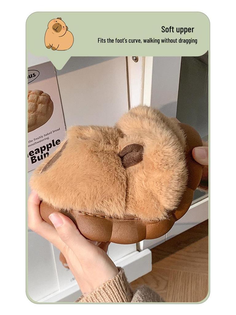 Capybara Winter Cotton Slippers: Cute Non-Slip Indoor Fur Shoes with Package Heel for Couples.