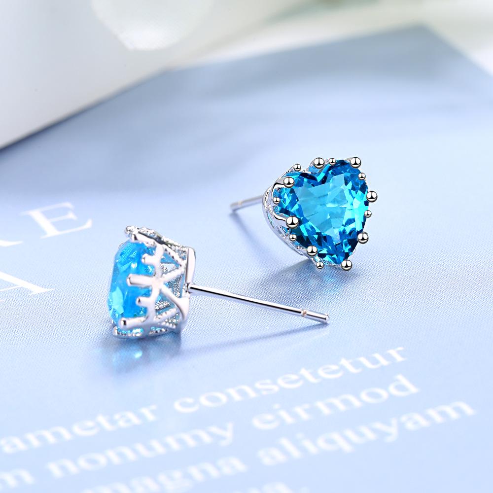 925 Silver Heart Blue Zircon Engagement Stud Earrings For Women Luxury Jewelry Elegant Accessories Jewellery