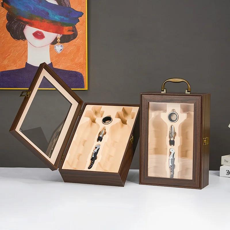 Single/Double Leather Box Wine Bottle Box Luxury Handle Wooden Organizer Gift Wood Wine Holder for 2 Red Wine Packaging