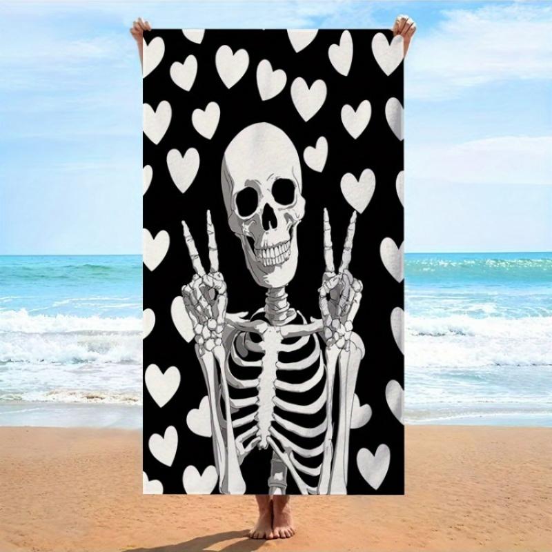 

1pc Black White Skeleton Beach Towel Hollow Eye Sockets Peace Sign Hands White Hearts Playful Eerie Comic Style Bold Lines Bath W30*H60(CM)