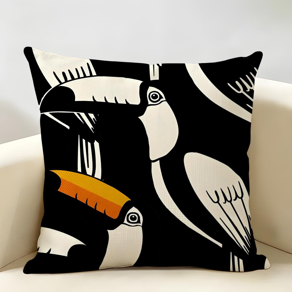 Black Toucan Pattern Art Cushion Cover Durable Hypoallergenic Organic Linen Short Pillow Cover Washable