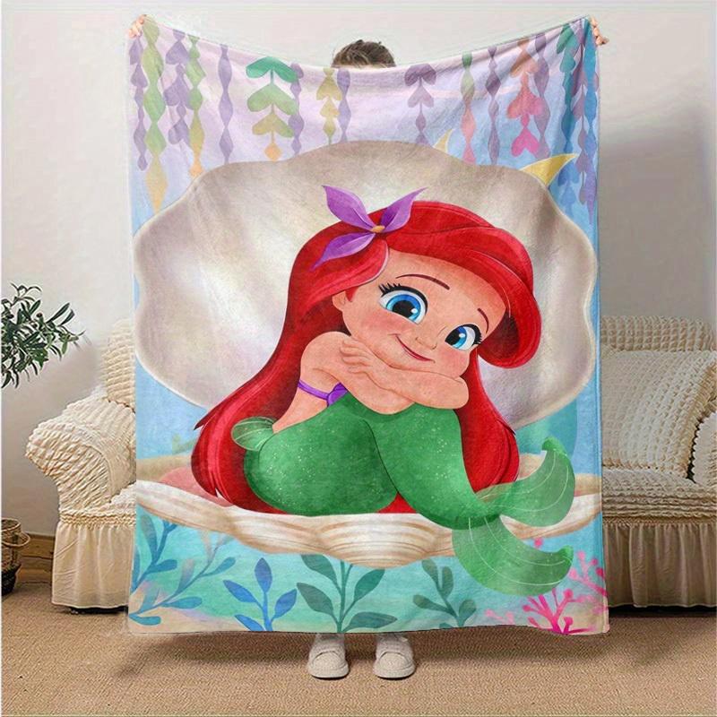 1PC Cartoon Mermaid Blanket, Soft Flannel Throw Blanket, Versatile & Cozy for Bedroom, Seasonal Universal Home Decoration Throw, Cute Ariel
