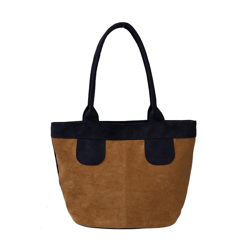 Casual Retro Suede Bag Women's 2025 New Contrasting Color Commuter Versatile Shoulder Underarm Bag Tote Small Bag