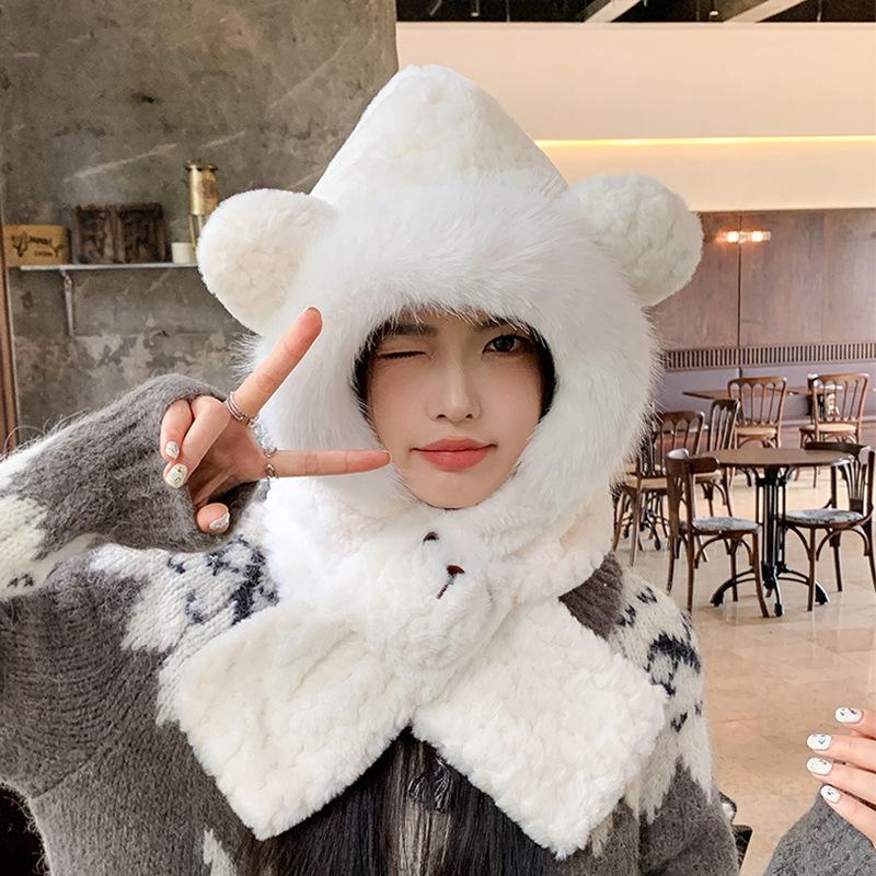 Winter plush hat, scarf, integrated hat, cute bear pullover hat, women's outdoor cold protection and warm ear protection two-piece set