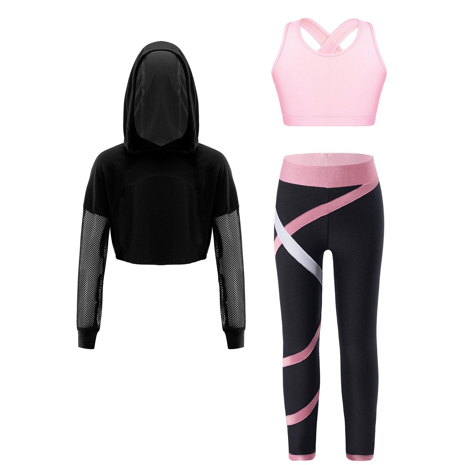 

Girls Sports Set 3-Piece Hooded Long Sleeve Top with Sleeveless Crop Top and Colorblock Leggings for Workout 15-16 Years рожевий