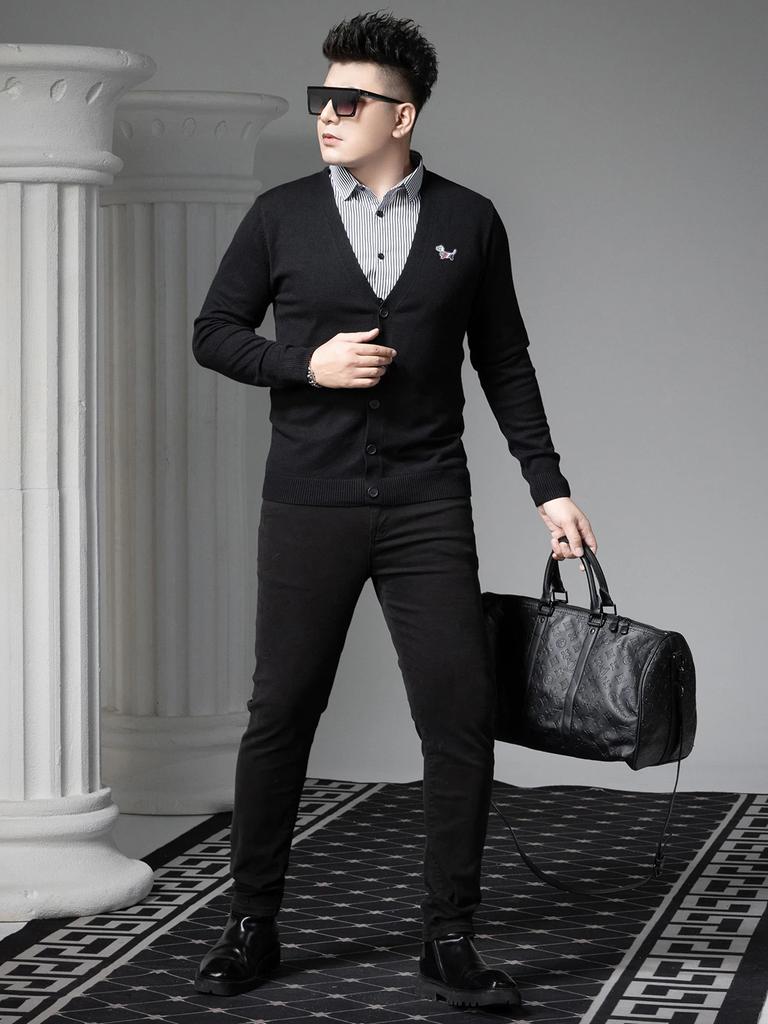 European Style 2025 Autumn and Winter New Style Fake Two-Piece Shirt Collar Sweater Men's Warm Knit Cardigan Sweater for Men
