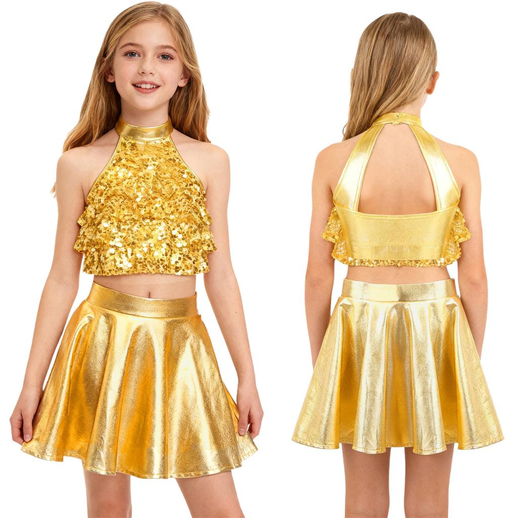 Kids Girls Stage Performance Set: Shiny Sequin Tiered Backless Crop Top & Metallic Ruffled Skirt for Dance Shows
