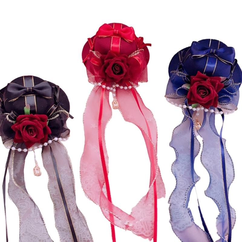 Gothic Lace Flat Top Hat with Veil Ribbon for Women Cosplay Party Costume Day of the Death Headpiece Holiday Accessories