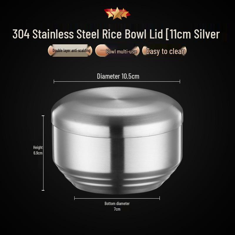 304 Stainless Steel Double-Layer Rice Bowl with Lid - Children's Anti-Scald Insulated Soup & Kimchi Dish, Korean Tableware.