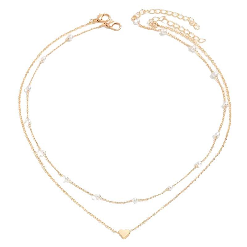 Retro Double-Layer Heart Pendant Necklace with Imitation Pearl