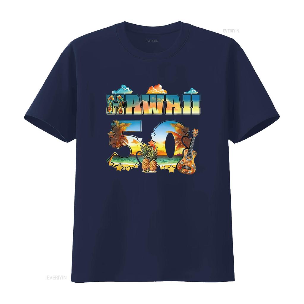 Hawaii 50. Bundesstaat Hawaiianischer Strand Hibiskus 50 Maui Damen Sommer T-Shirt Lässig und Bequem vintage gewaschen Atmungsaktiv