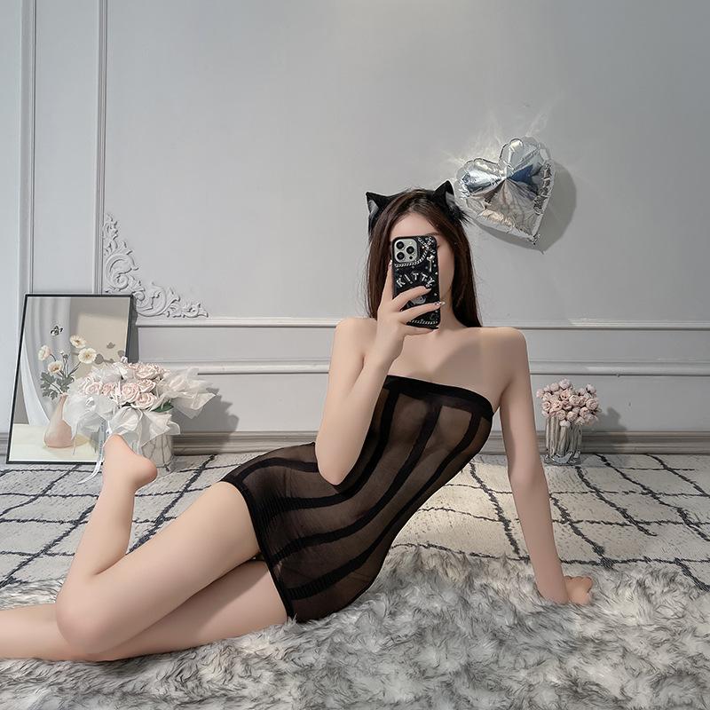 Sex underwear women's perspective striped tube top, hip-wrapped short skirt, mesh clothing, one-piece socks, elastic sexy stockings