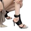 Czarne Temperament Wysokie Obcasy Seksowna Muza Fan ze Spódnicą Modne Buty Skórzane Szpiczaste Obcasy Sandały z Odkrytymi Palcami