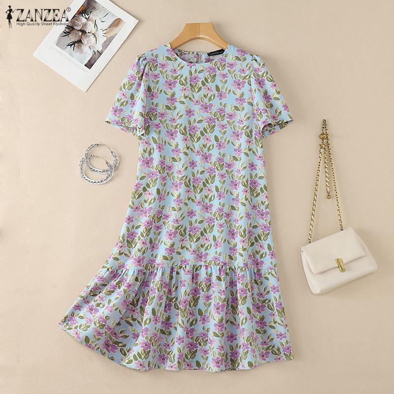 ZANZEA Women Casual Round Neck Summer Floral Print Short Sleeve Dress