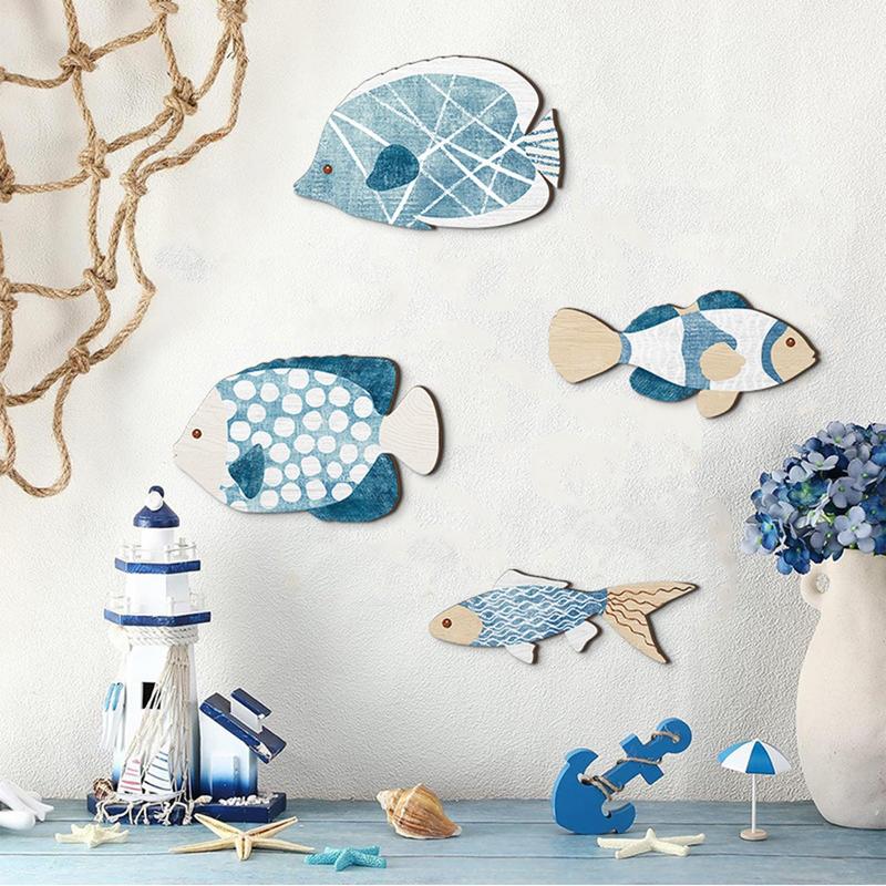 4PCS Mediterranean Wood Fish Wall Hanging Ornaments Wooden Fish Sculpture Decorations Coastal Beach Wall Hangings Ornaments