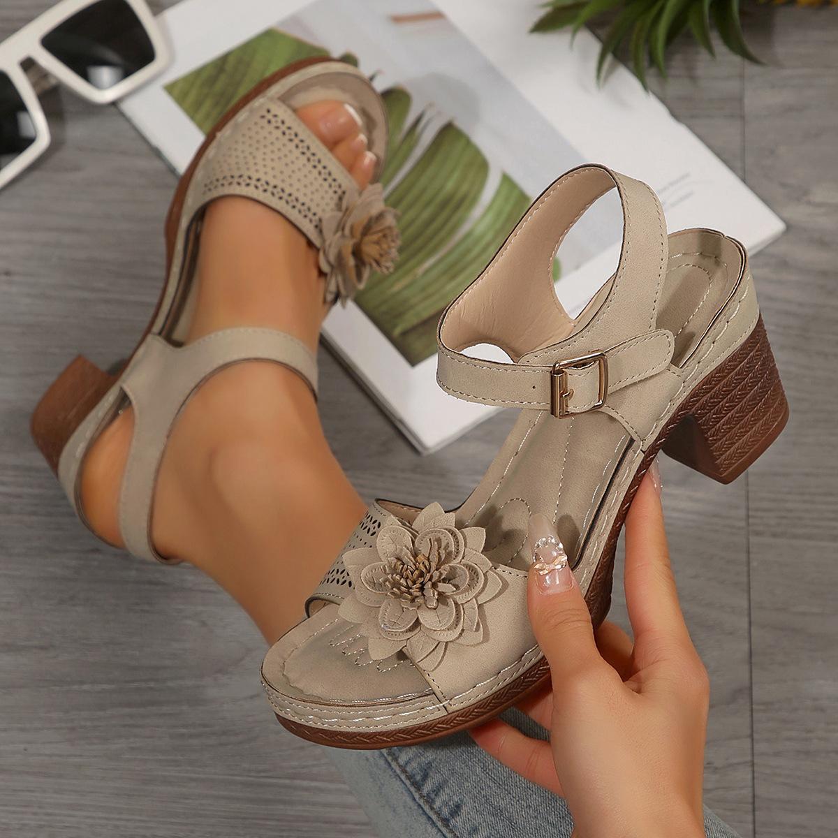 

Vintage Flower Thick Heel Sandals for Women Lightweight Ankle Buckle Platform Sandles Woman Plus Size 43 Summer Sandalias 43 бежевий