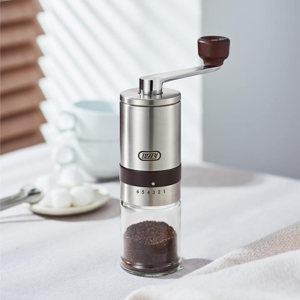 Toffy K-KU10 Hand Ceramic Coffee Mill, Stainless Steel, Compact, 6 Grinding Levels, Ceramic Mill, Outdoor, Stylish, K-KU10-SV