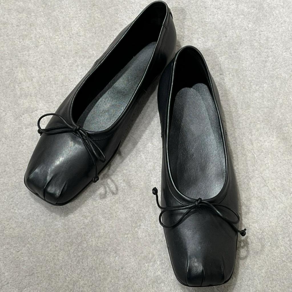 Cowhide version~ Versatile square head pleated bow single shoes women's 2025 new one-pedal flat ballet shoes