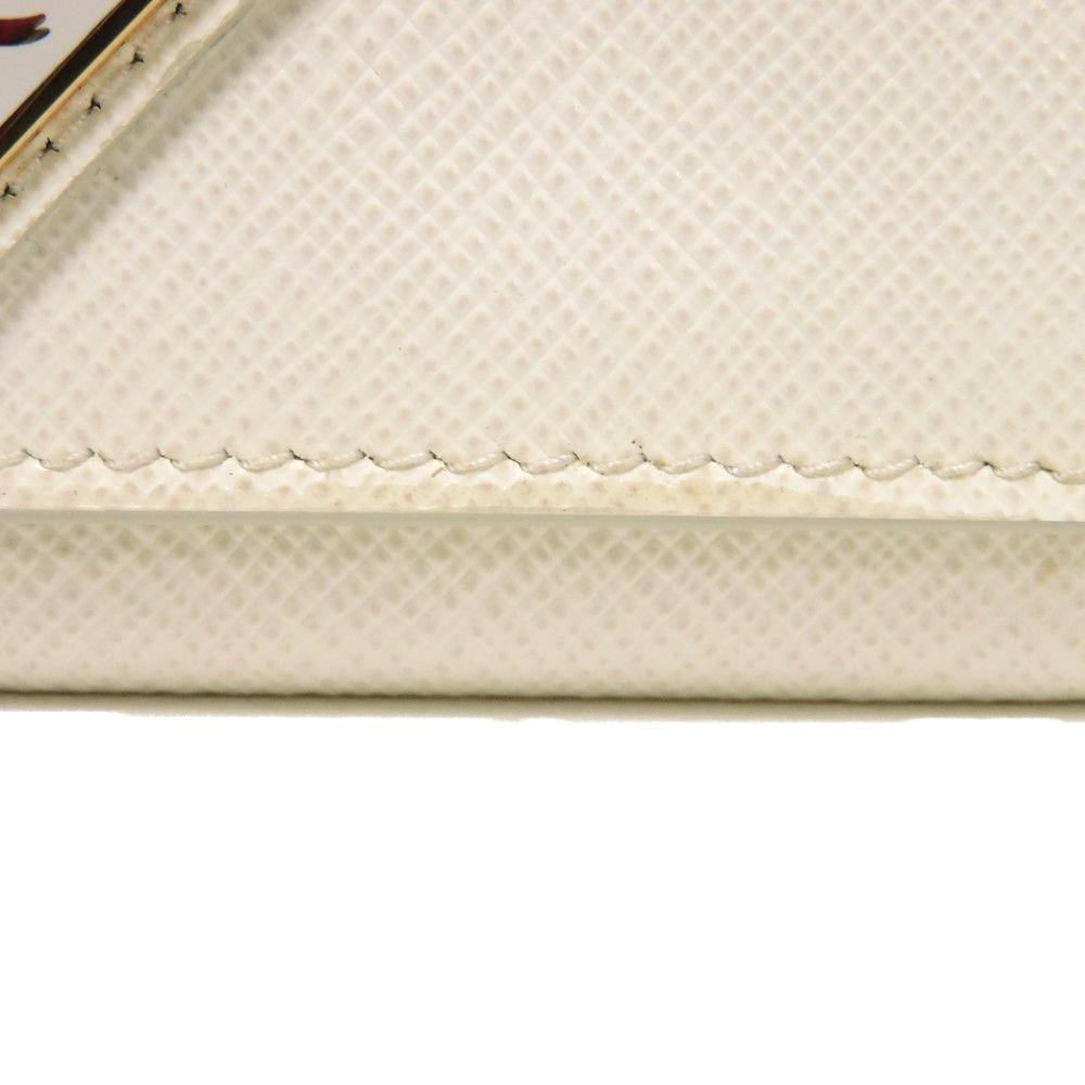 Used 11569 Saffiano Triangle Card Holder 1MC110 QHH F0009 7946 Current Calfskin White Bifold RFID Logo Bianco Unisex
