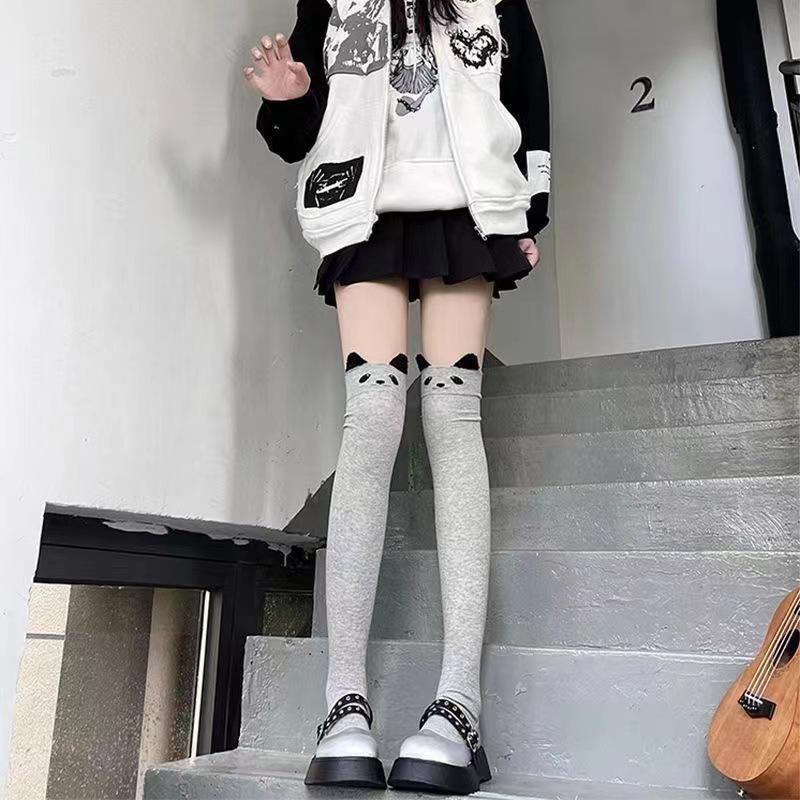 Cute Bear Stockings Female Spring Cartoon Cat Over Knee High Socks Comfortable with Solid Color Student Socks