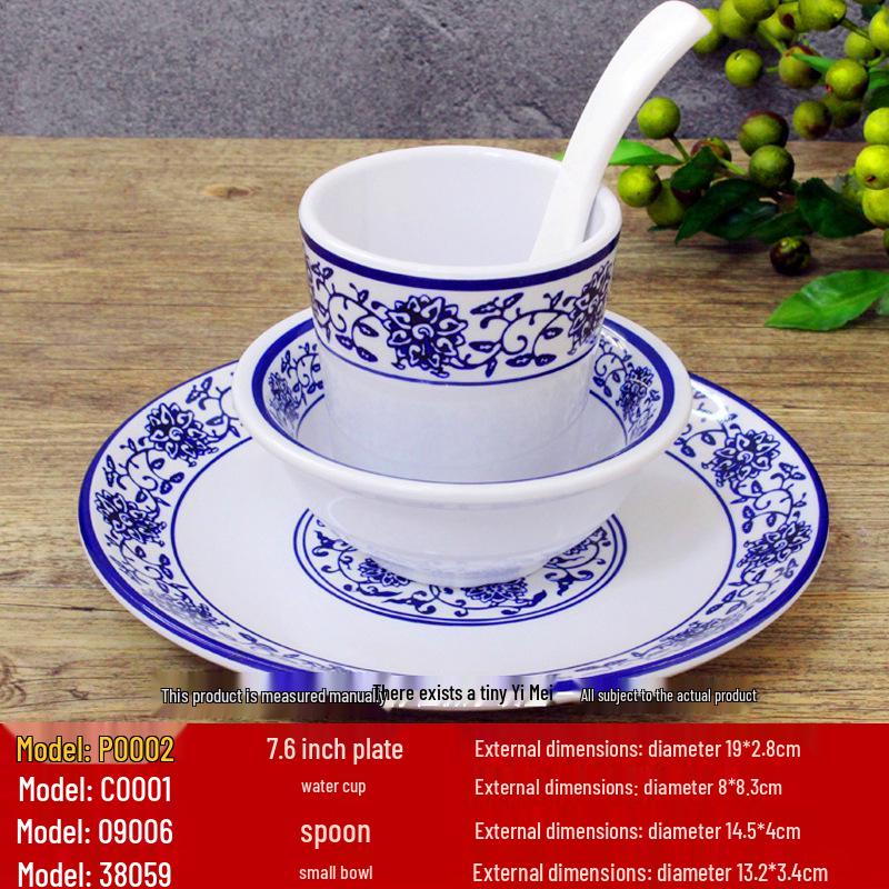 Retro Blue & White Melamine Dinnerware Set: Noodle & Soup Bowls, Plates for Restaurants & Noodle Shops