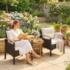 Rattan Bistro Set 3-Piece FSC Garden Furniture Set with 2 Chairs, 2-Tier Wooden Table, Thick Washable Cushions