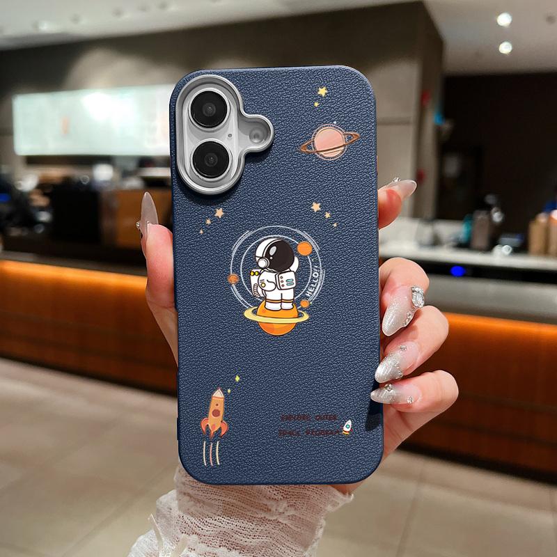 

Cartoon Astronaut Leather Texture Soft Case For iPhone 16 15 14 Pro Max 15 Plus 13 12 Pro Max 11 Shockproof Silicone Phone Cover iPhone 16 синій