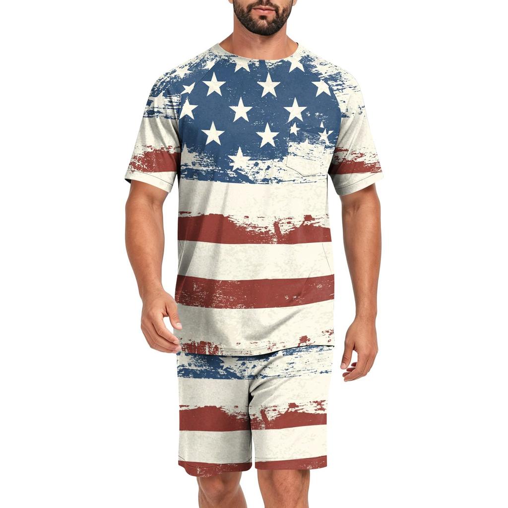 Men's Short Sleeve Pajama Set Lightweight Soft Fabric Crew Neck Top and Elastic Waist Shorts Summer Homewear Sleepwear Set
