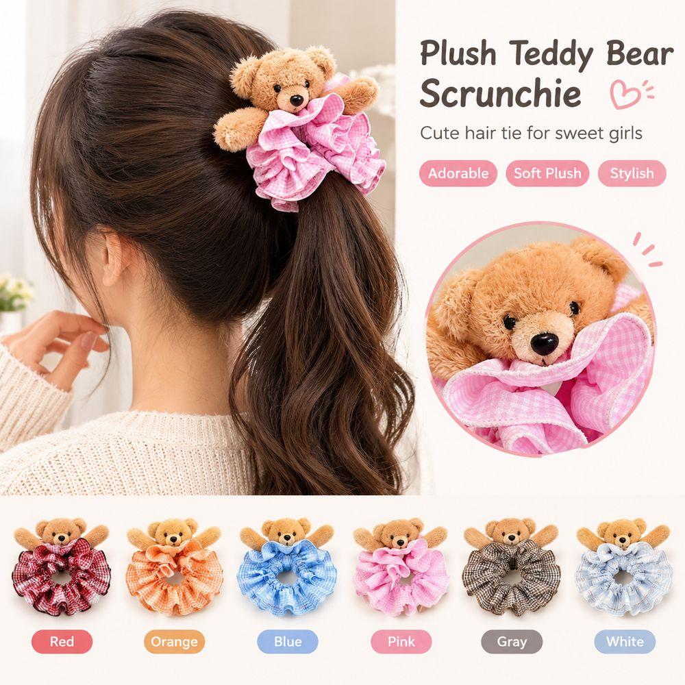 Gingham Plush Bear Scrunchie Scrunchie Hair Accessory Plush Hair Band Ear Fluffy Ponytail Holder