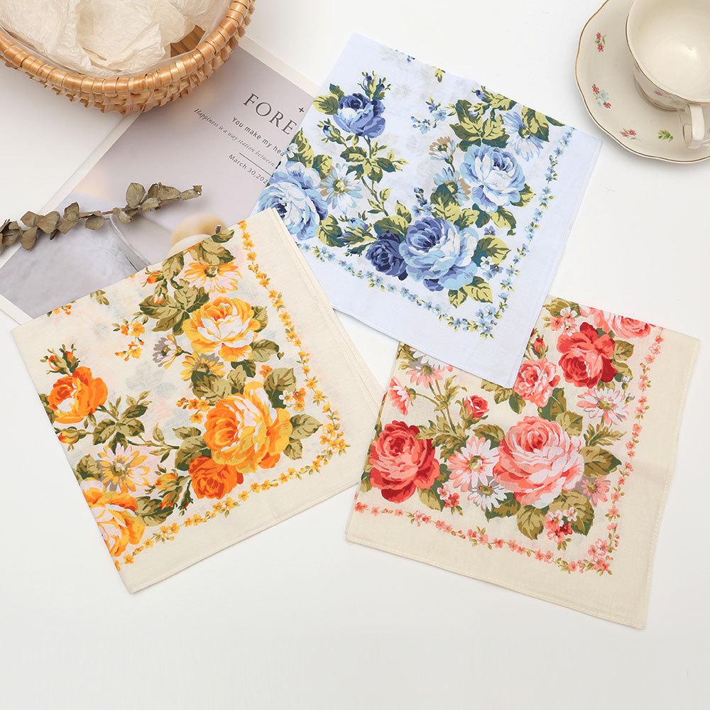 6Pcs Ladies Cotton Printed Handkerchief Vintage Nostalgic Thin Absorbent Sweat Wipe Flower 43cm