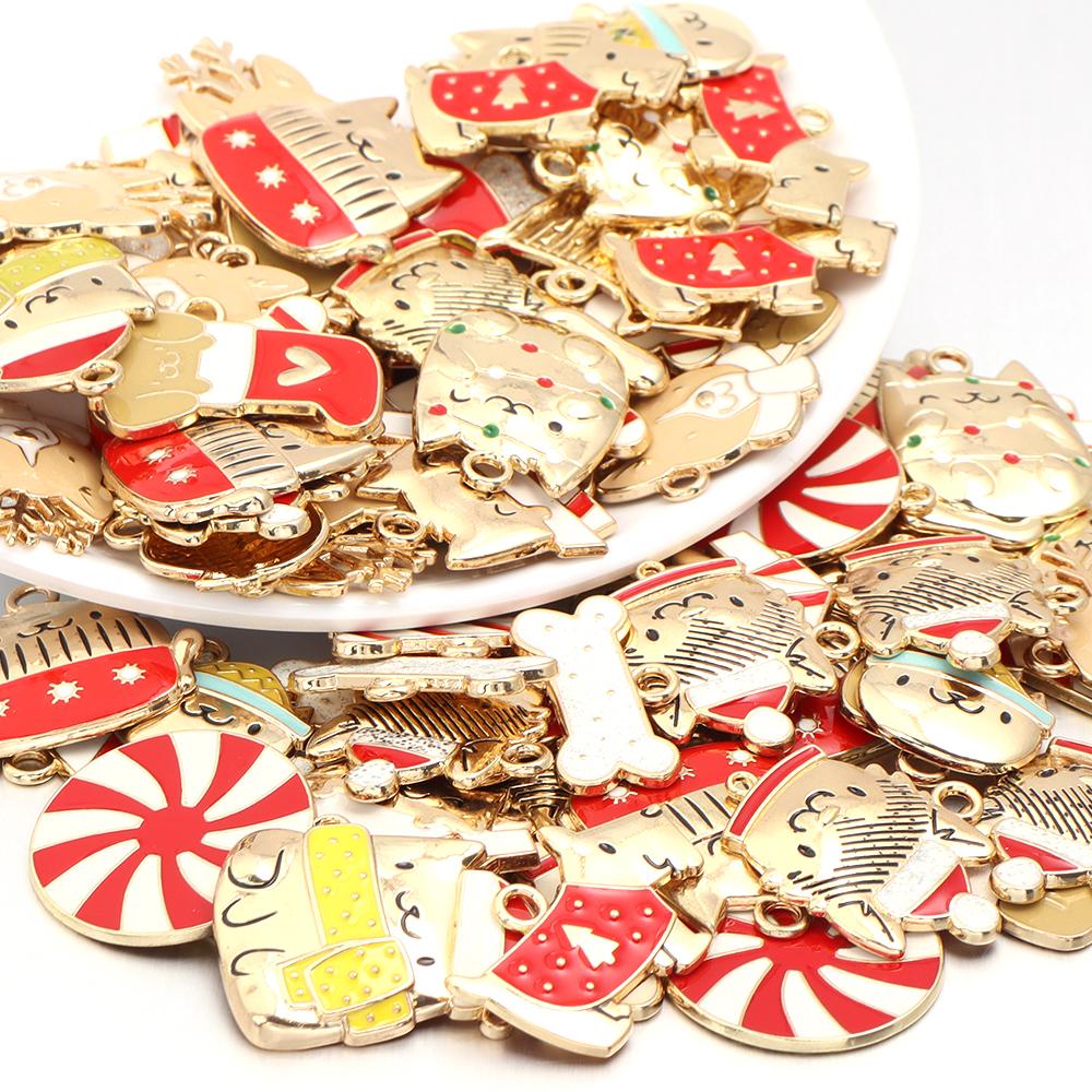 10pcs Alloy Enamel Christmas Charms Cute Xmas Pet Dog Bone Pendants For Jewelry Making DIY Earrings Necklace Gifts Accessories