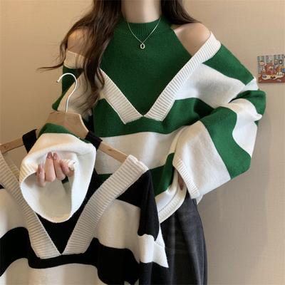 Fake Two Neck Hanging Off Shoulder Long Sleeved Pullover Sweaters for Women In Autumn and Winter Loose and Slimming Chic Tops