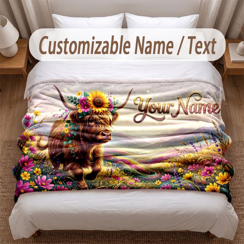 Highland Cow Theme Soft Blanket Personalized Custom Name Text Print Warm Blanket Home Sofa Bedroom Decor