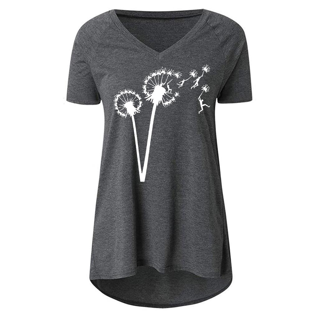 Women Fashion Casual Print V-Neck Loose Short Sleeve T-shirt Top Blouse Pullover