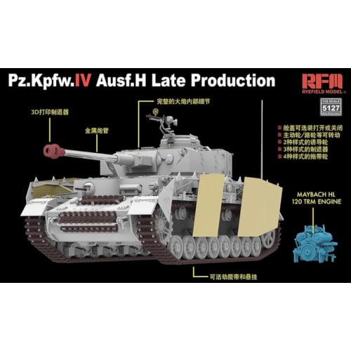 Ryefield Models 1/35 Scale Model Kit of the Panzer IV Ausf. H Late Model with Workable Tracks (Model Car) RFM5127