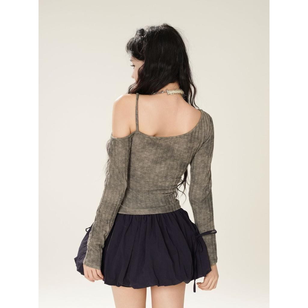 American Retro Y2K Print Off-shoulder Long Sleeve Women's T-shirt